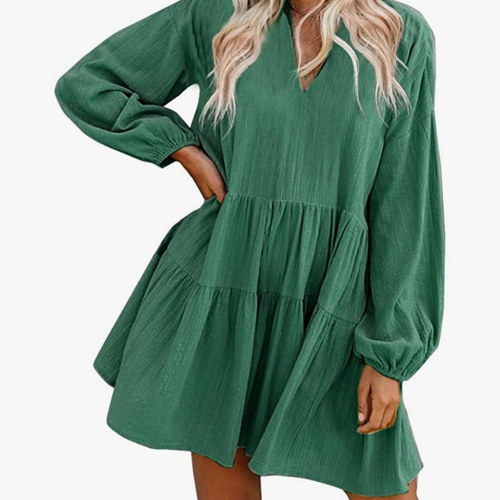 Women’s Shift Dress Bell Sleeve V-Neck Loose Dress with Pockets